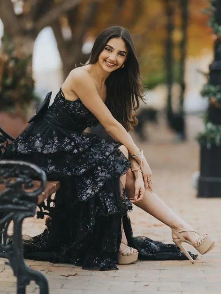 Glamorous Sequin A-Line Sweetheart Strapless Bow-Back Floor-Length Prom Dress