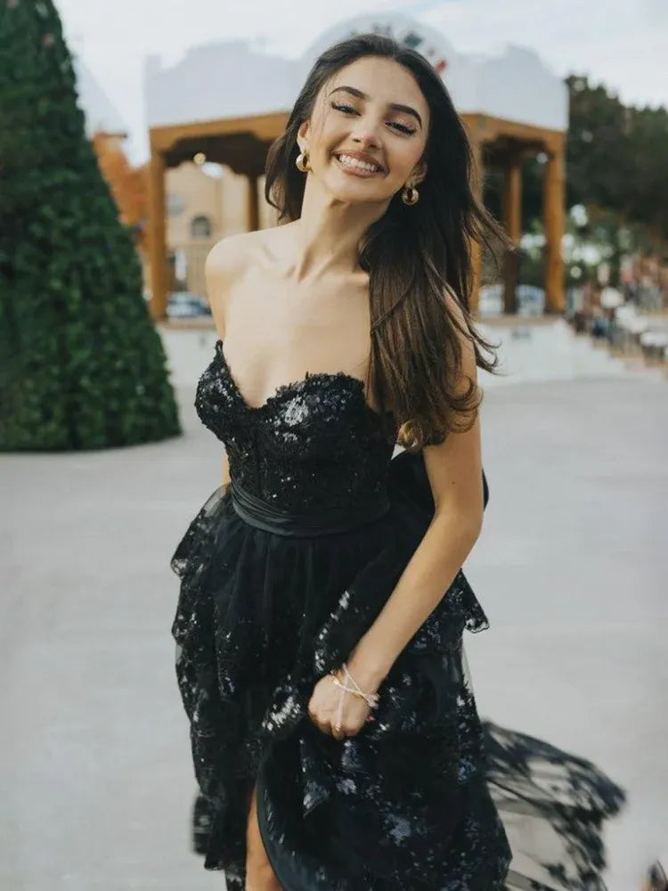 Glamorous Sequin A-Line Sweetheart Strapless Bow-Back Floor-Length Prom Dress