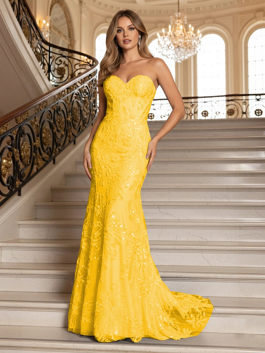 Glamorous Mermaid Sweetheart Sleeveless Zipper-Back Sequin Floor-Length Evening Dress