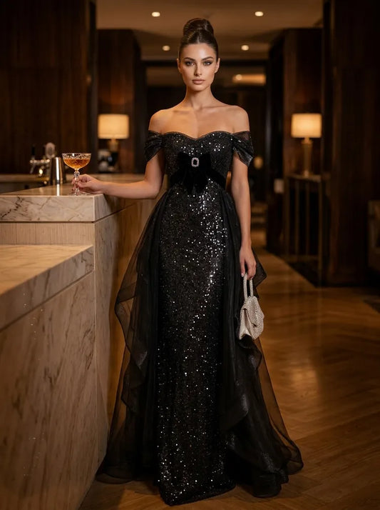 Loverlm black sequin sweetheart off-shoulder floor length evening dress front view