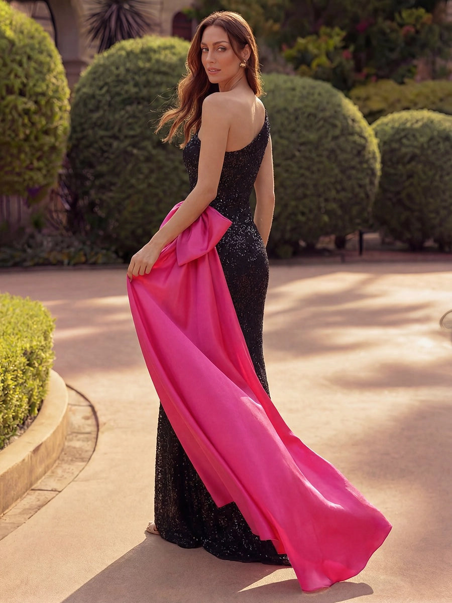 Dramatic Sequined Sheath One-Shoulder Sleeveless Scoop-Back Bow-Train Evening Dress