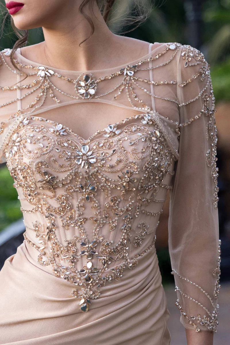 Elegant Embellished Mermaid Illusion-Neck Three-Quarter-Sleeve Keyhole-Back Floor-Length Evening Dress