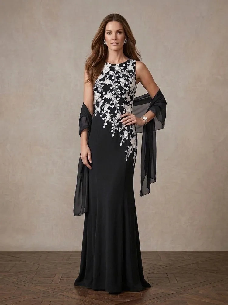 Loverlm black Mother of the Bride dress with silver floral embellishment bateau neck sleeveless bodice floor-length sheath skirt and chiffon shawl