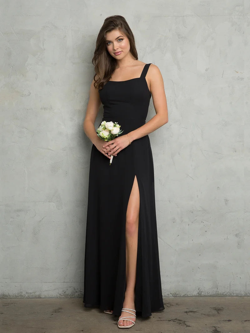 Loverlm black square-neck sleeveless A-line bridesmaid dress with high slit front view
