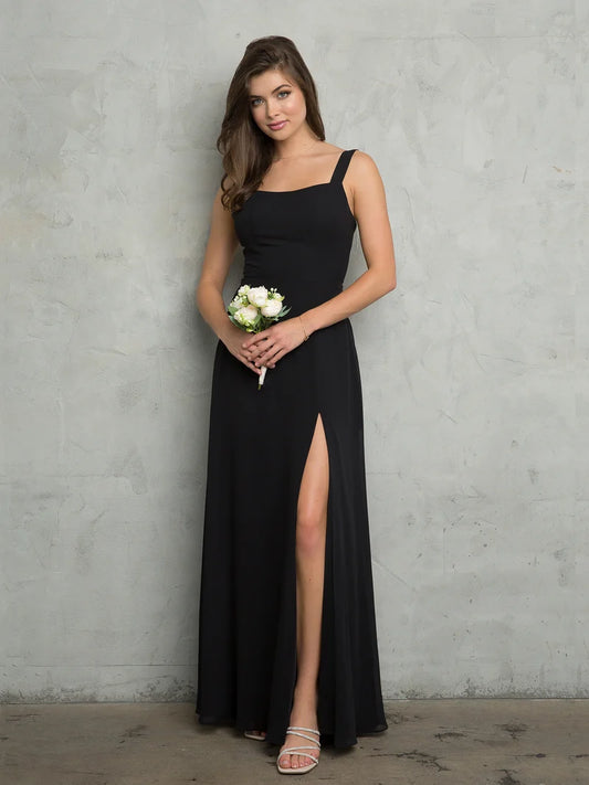 Loverlm black square-neck sleeveless A-line bridesmaid dress with high slit front view