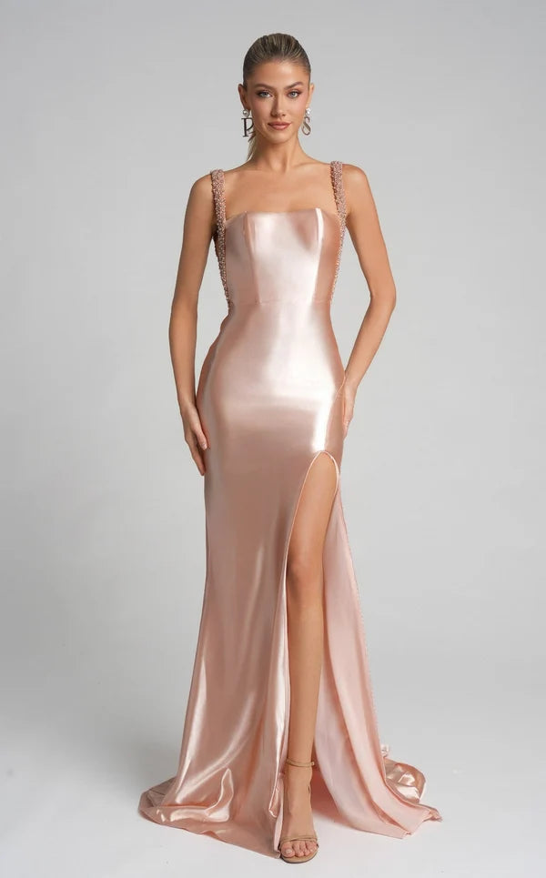 Glamorous Mermaid Square-Neck Sleeveless Open-Back Slit Floor-Length Prom Dress