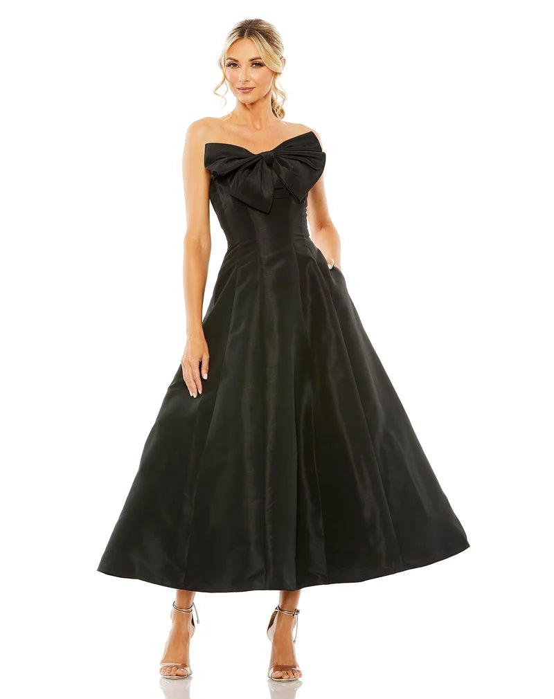 Loverlm black strapless cocktail dress with oversized bow fitted bodice and full tea-length A-line skirt