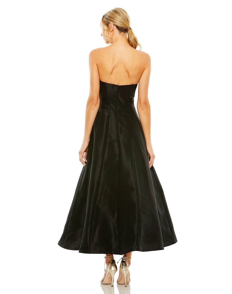 Elegant A-Line Strapless Bow Back-Zip Tea-Length Evening Dress