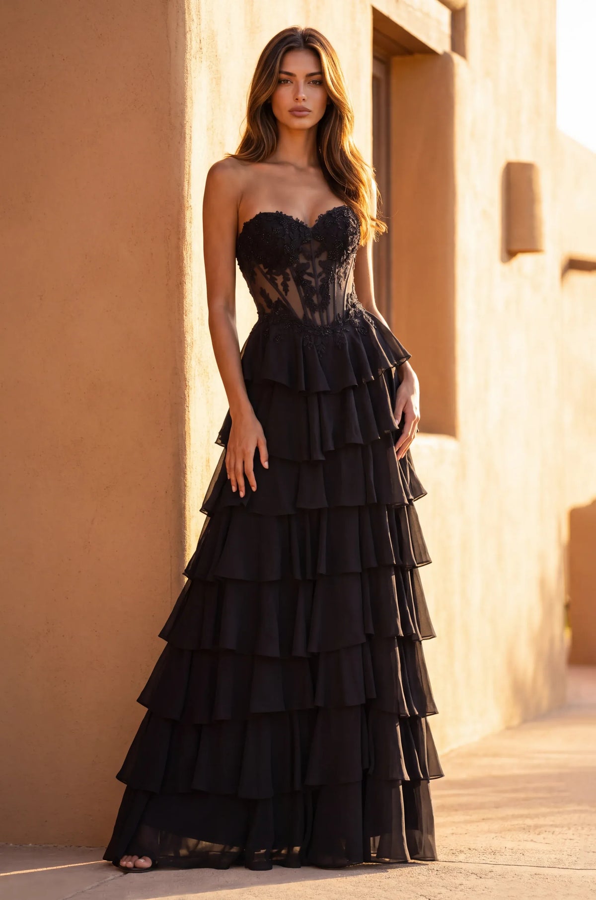 Loverlm black strapless corset tiered ruffle A-line prom dress front