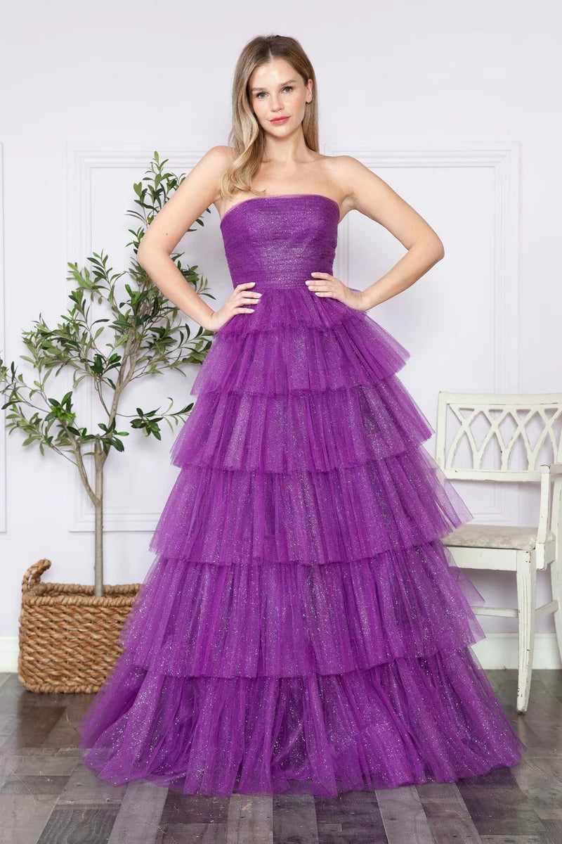 Glamorous A-Line Straight-Neck Strapless Closed-Back Tiered Floor-Length Prom Dress