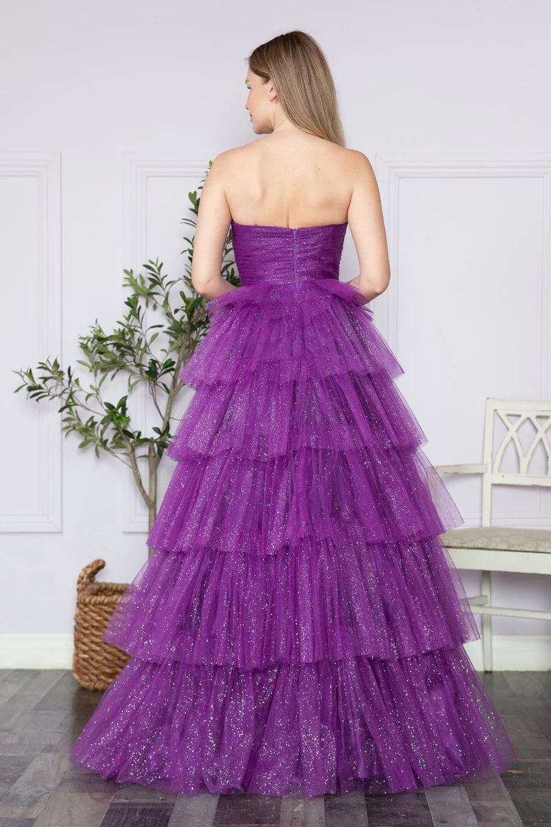Glamorous A-Line Straight-Neck Strapless Closed-Back Tiered Floor-Length Prom Dress