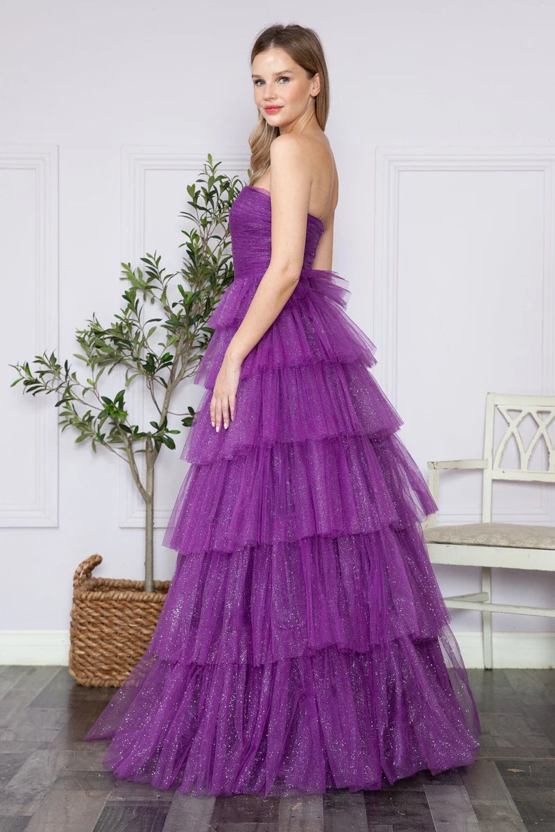 Glamorous A-Line Straight-Neck Strapless Closed-Back Tiered Floor-Length Prom Dress