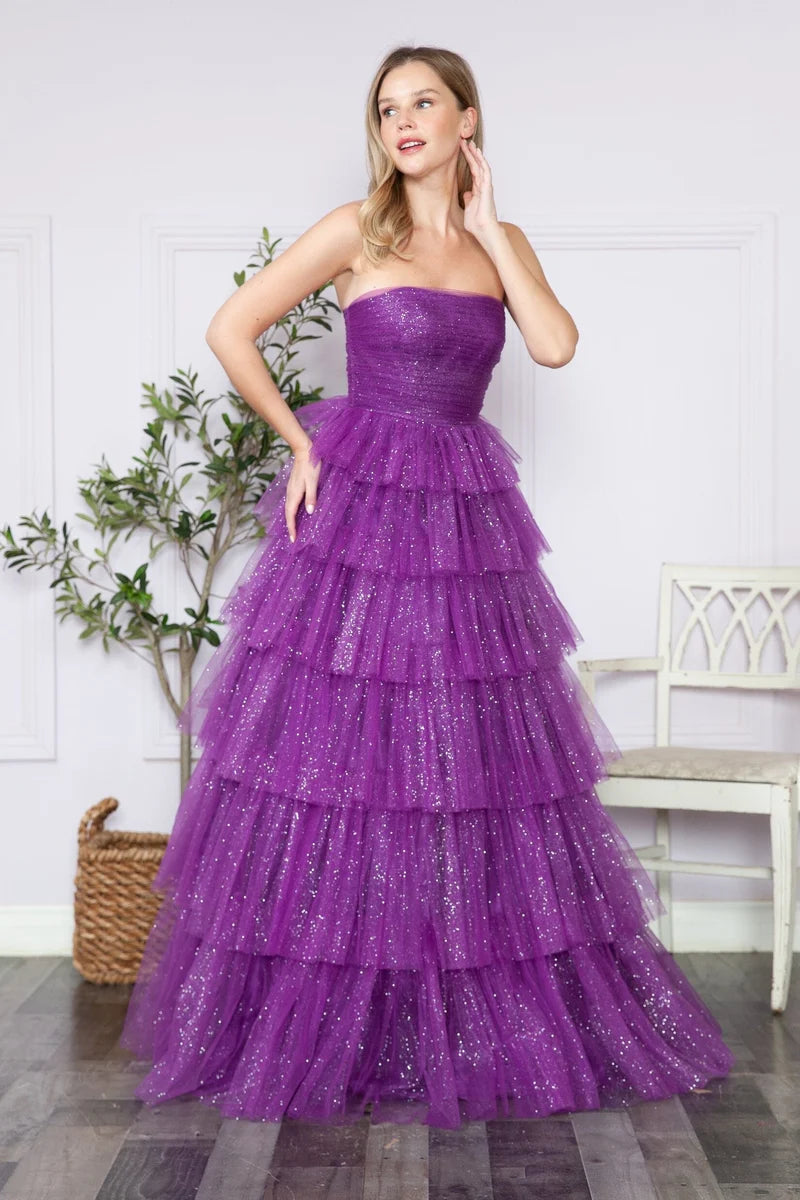 Glamorous A-Line Straight-Neck Strapless Closed-Back Tiered Floor-Length Prom Dress