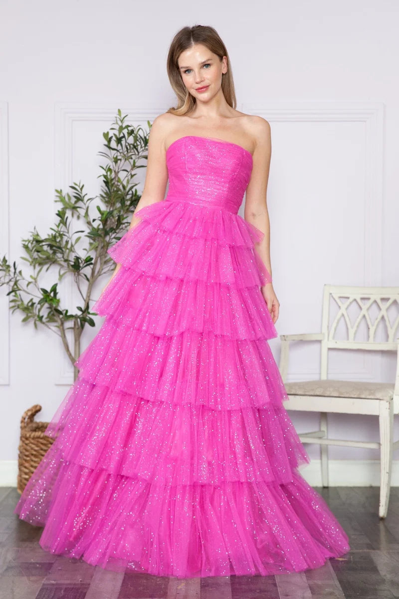 Glamorous A-Line Straight-Neck Strapless Closed-Back Tiered Floor-Length Prom Dress