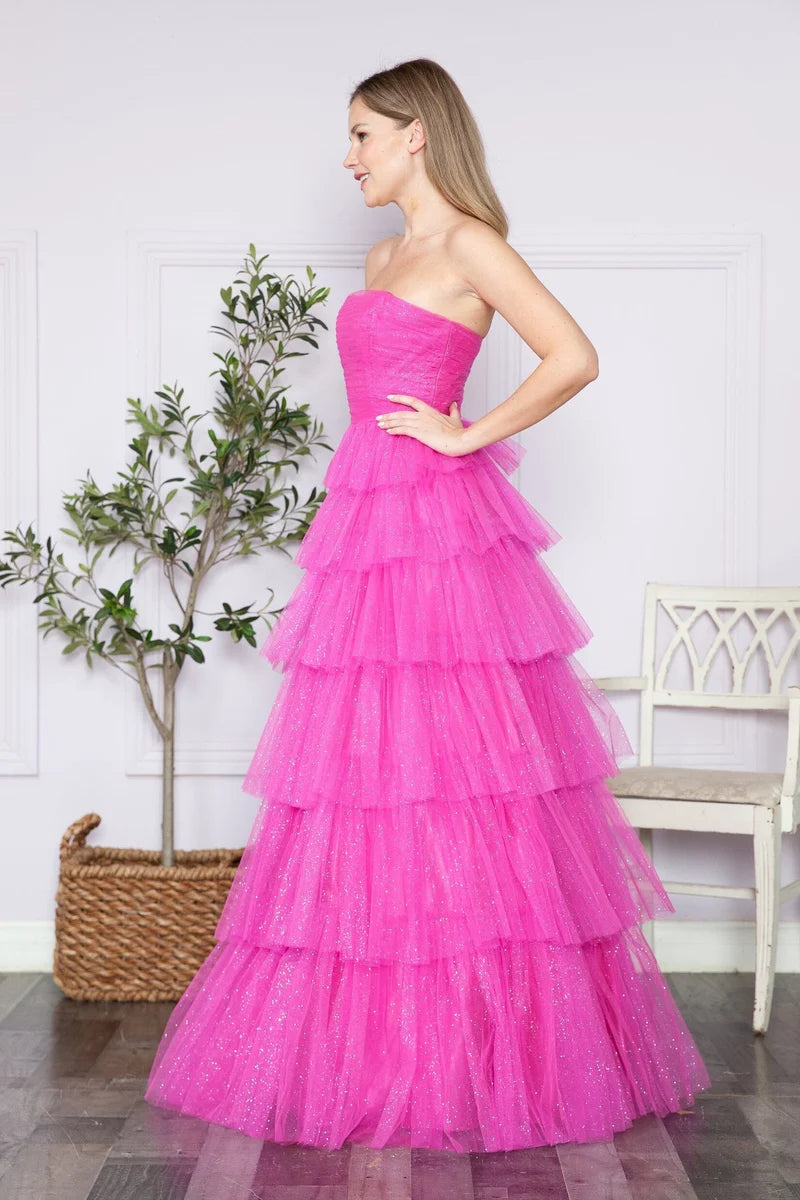 Glamorous A-Line Straight-Neck Strapless Closed-Back Tiered Floor-Length Prom Dress