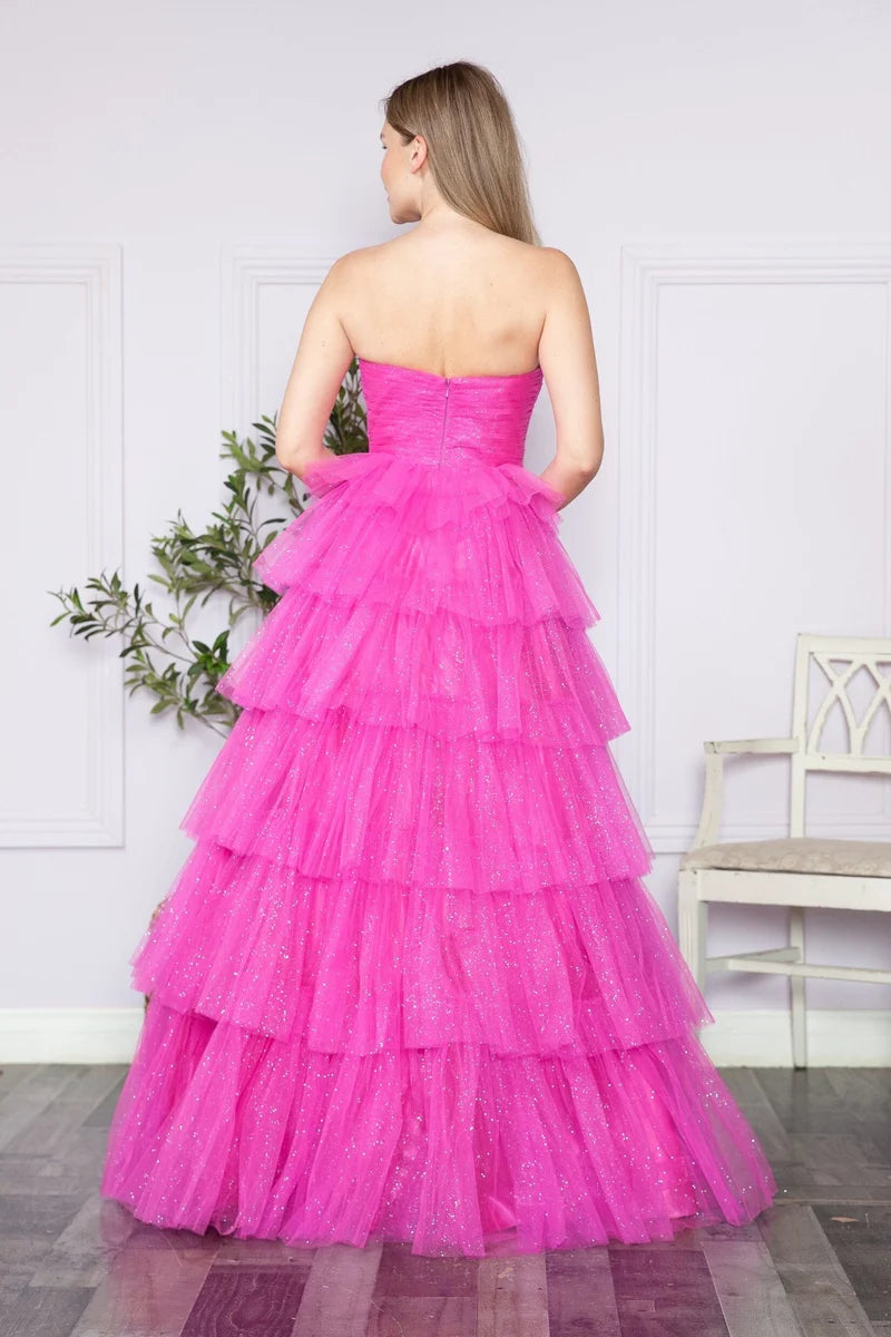 Glamorous A-Line Straight-Neck Strapless Closed-Back Tiered Floor-Length Prom Dress