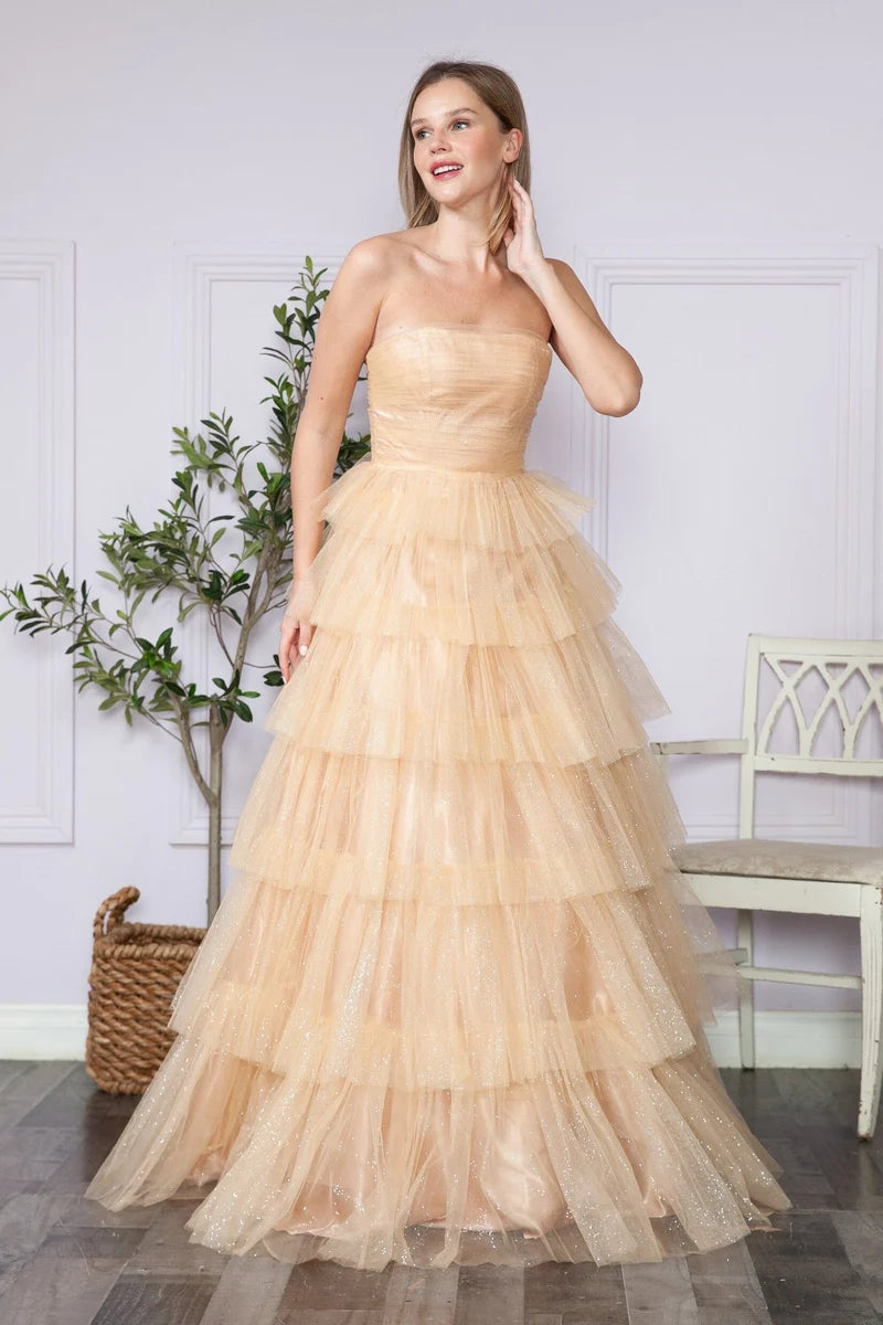Glamorous A-Line Straight-Neck Strapless Closed-Back Tiered Floor-Length Prom Dress