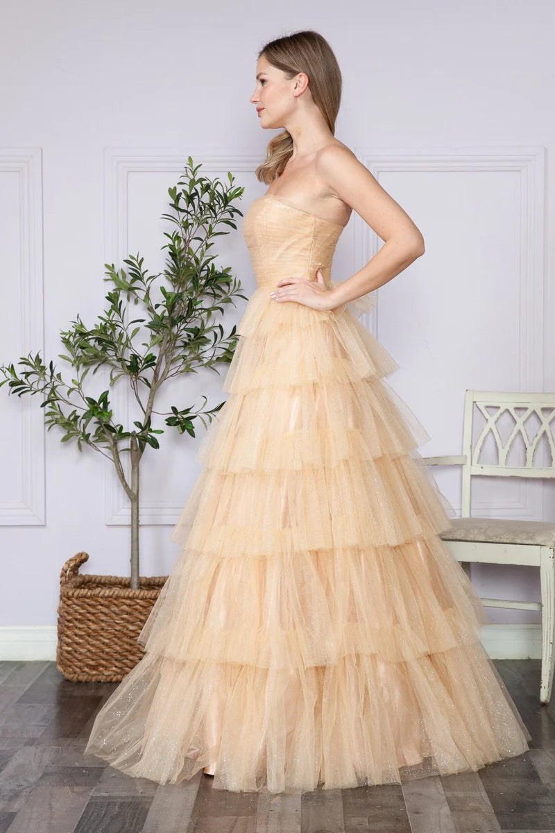 Glamorous A-Line Straight-Neck Strapless Closed-Back Tiered Floor-Length Prom Dress