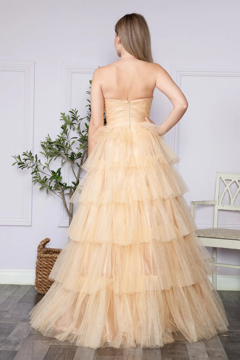 Glamorous A-Line Straight-Neck Strapless Closed-Back Tiered Floor-Length Prom Dress