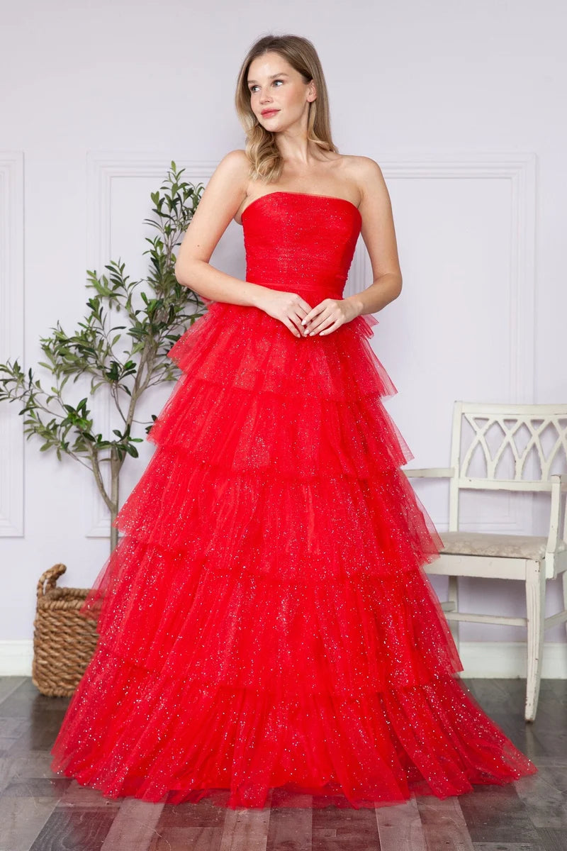 Glamorous A-Line Straight-Neck Strapless Closed-Back Tiered Floor-Length Prom Dress