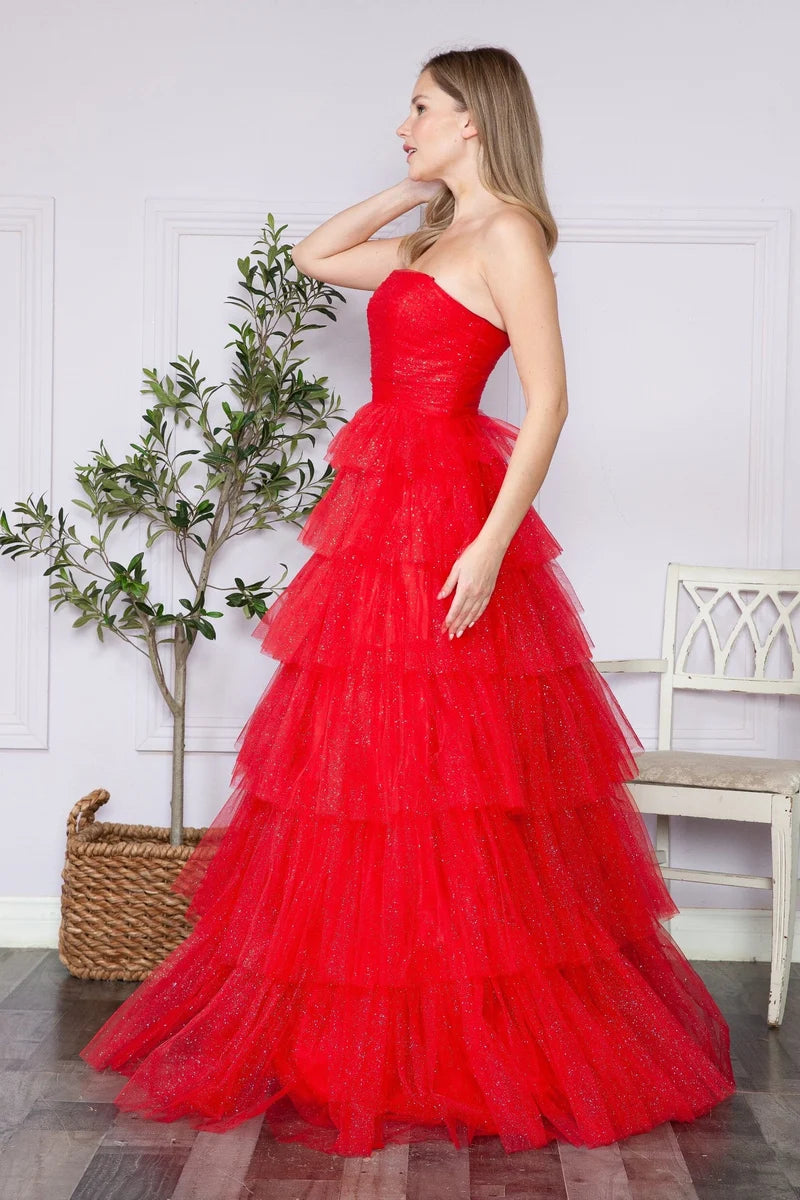 Glamorous A-Line Straight-Neck Strapless Closed-Back Tiered Floor-Length Prom Dress
