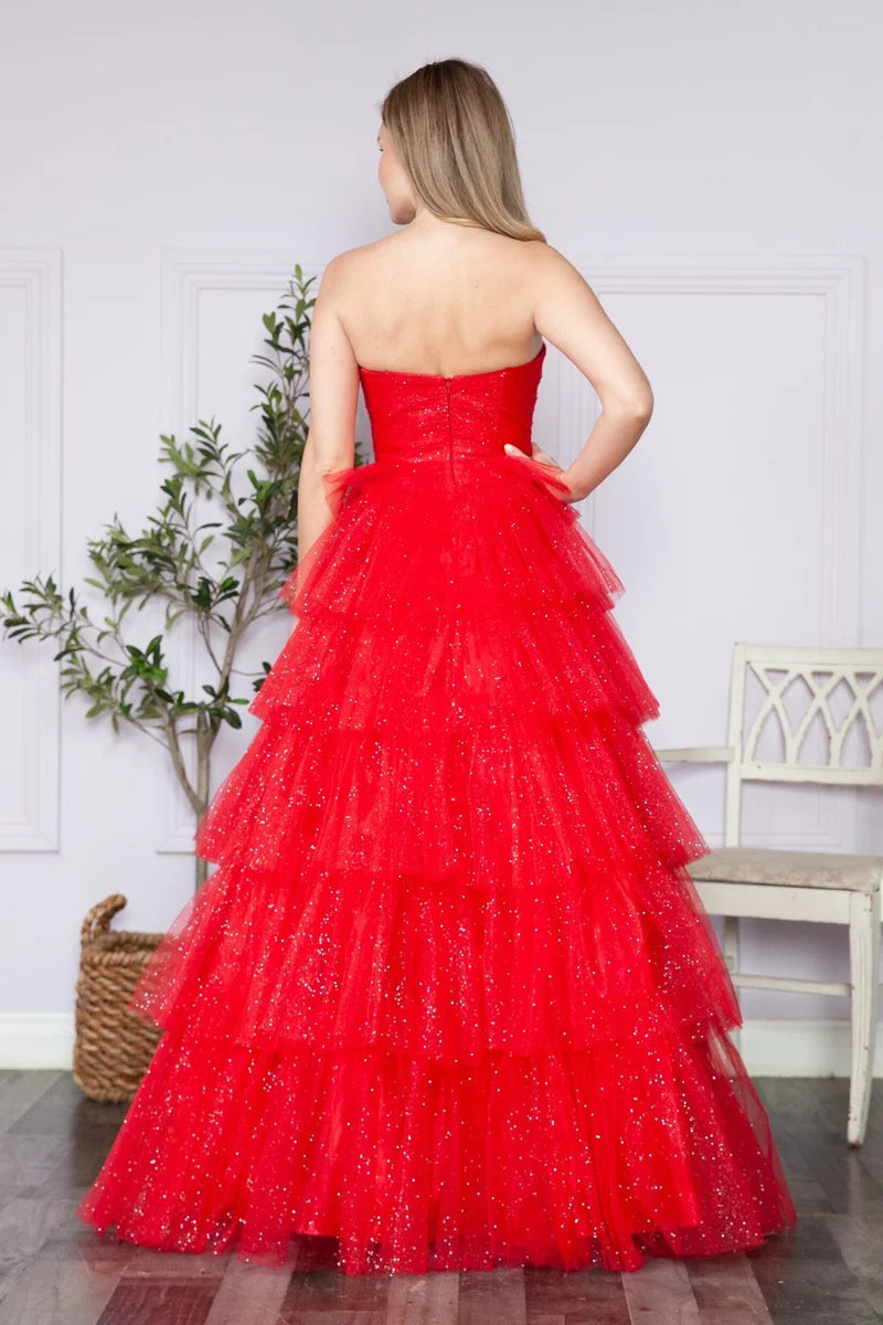 Glamorous A-Line Straight-Neck Strapless Closed-Back Tiered Floor-Length Prom Dress