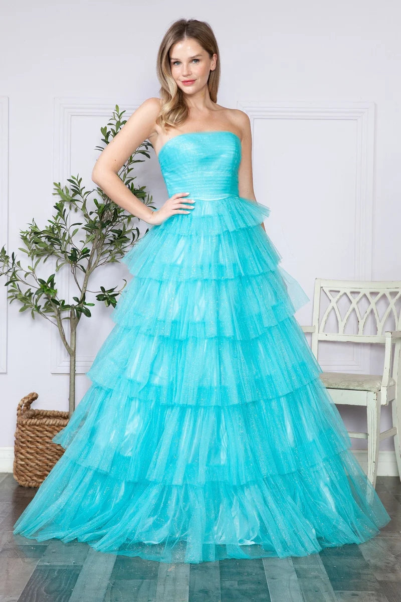 Glamorous A-Line Straight-Neck Strapless Closed-Back Tiered Floor-Length Prom Dress