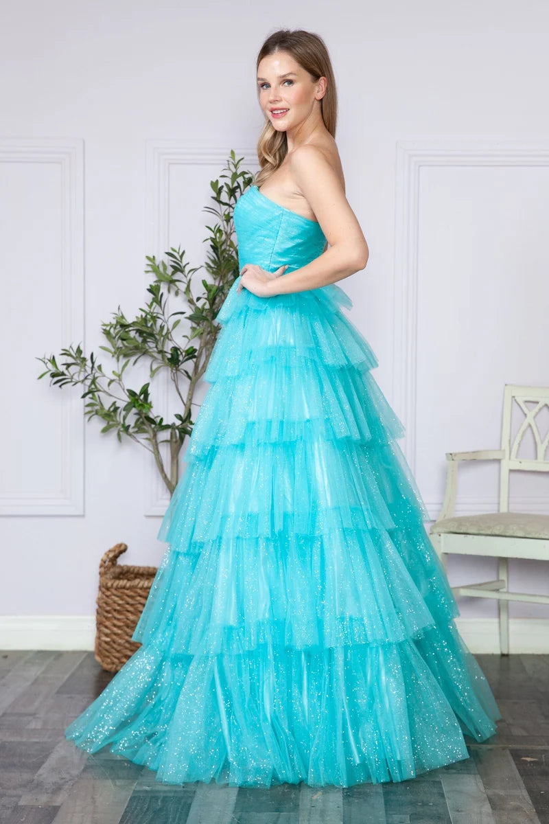Glamorous A-Line Straight-Neck Strapless Closed-Back Tiered Floor-Length Prom Dress