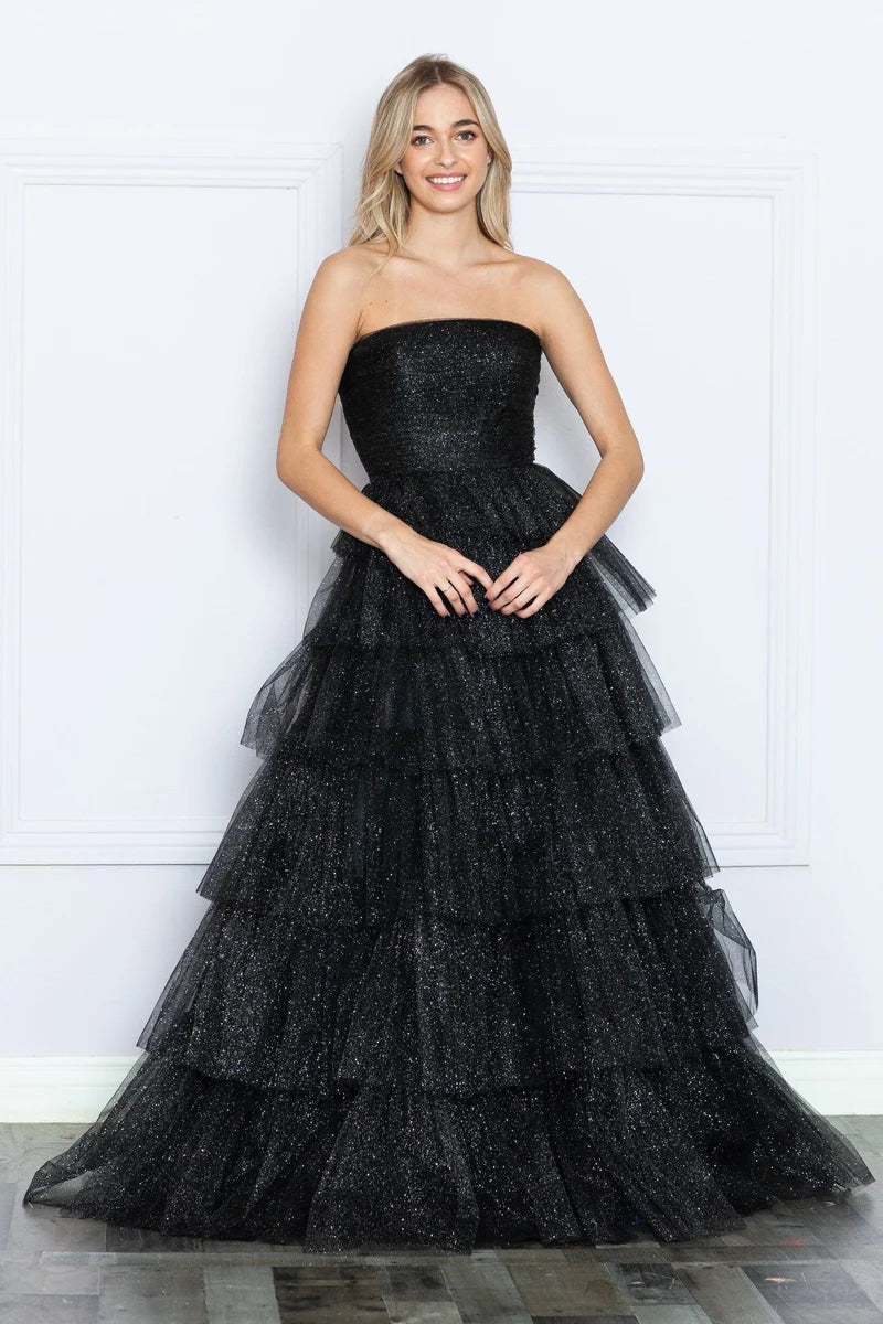Glamorous A-Line Straight-Neck Strapless Closed-Back Tiered Floor-Length Prom Dress