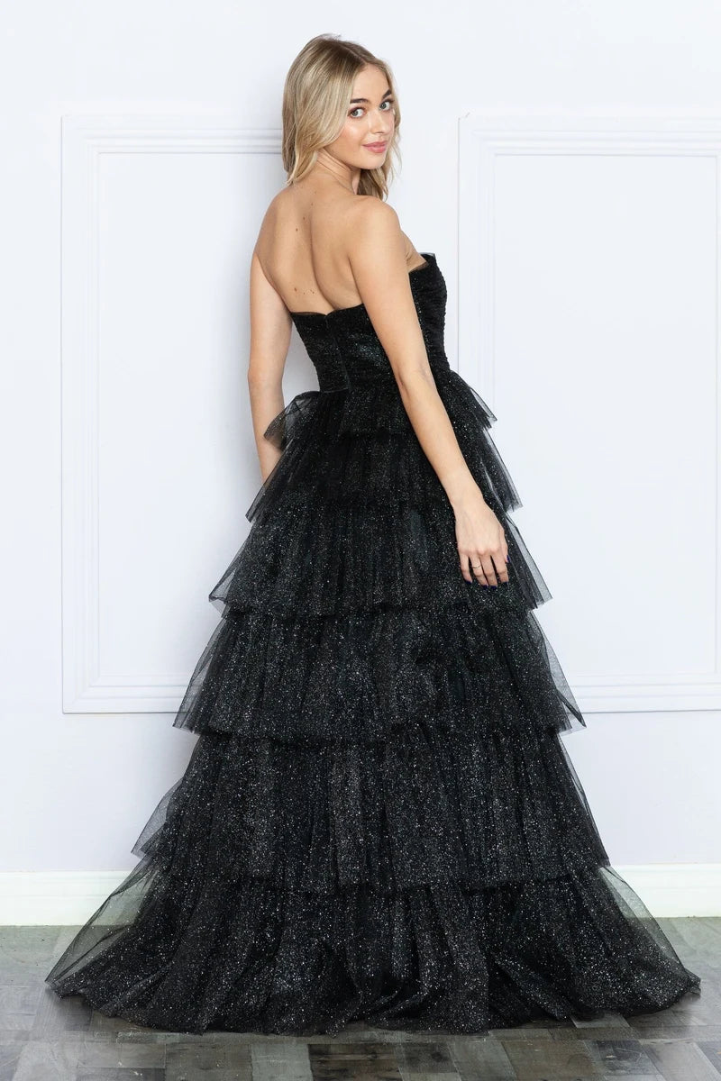 Glamorous A-Line Straight-Neck Strapless Closed-Back Tiered Floor-Length Prom Dress