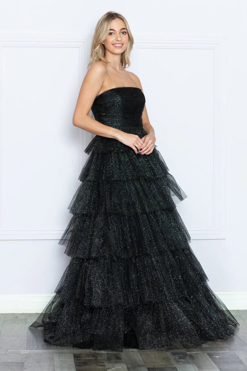 Glamorous A-Line Straight-Neck Strapless Closed-Back Tiered Floor-Length Prom Dress