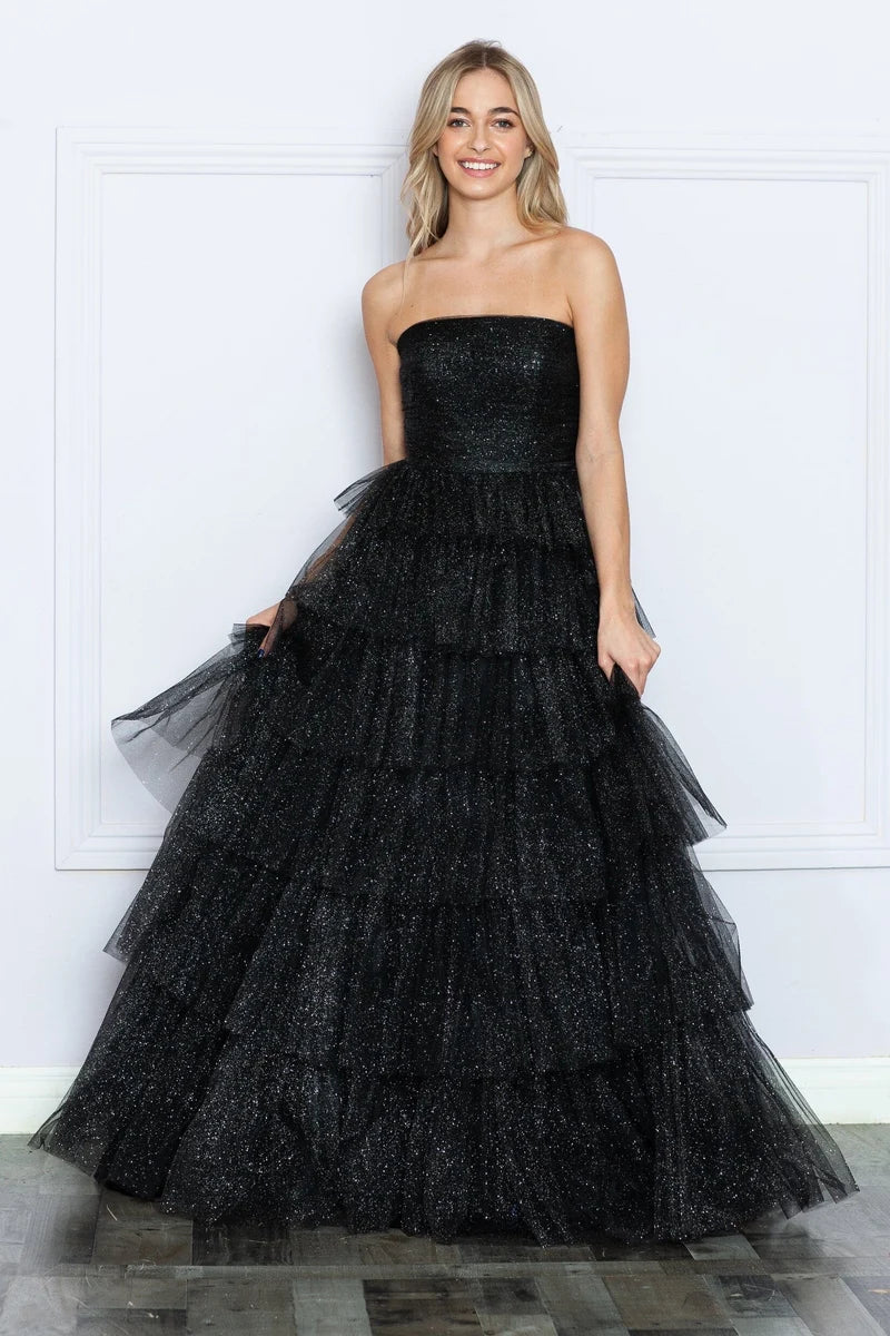 Glamorous A-Line Straight-Neck Strapless Closed-Back Tiered Floor-Length Prom Dress