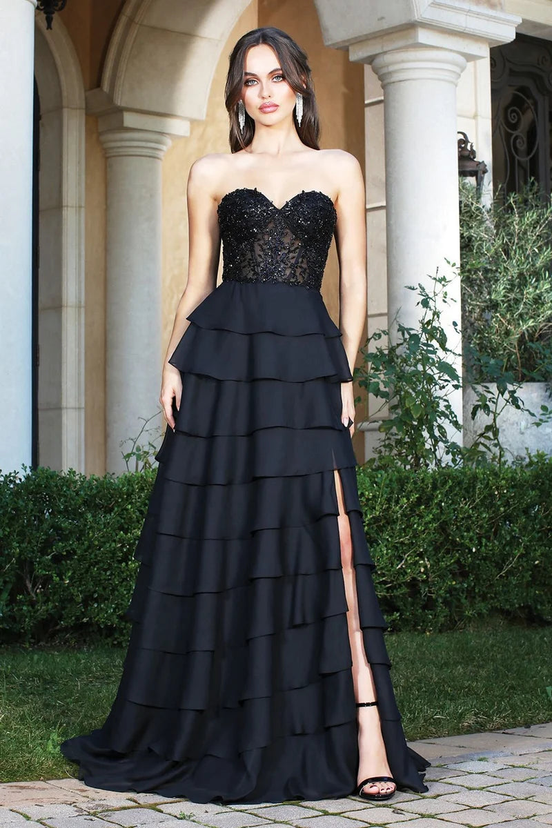 Elegant A-Line Sweetheart Strapless Lace-Up Tiered Floor-Length Prom Dress