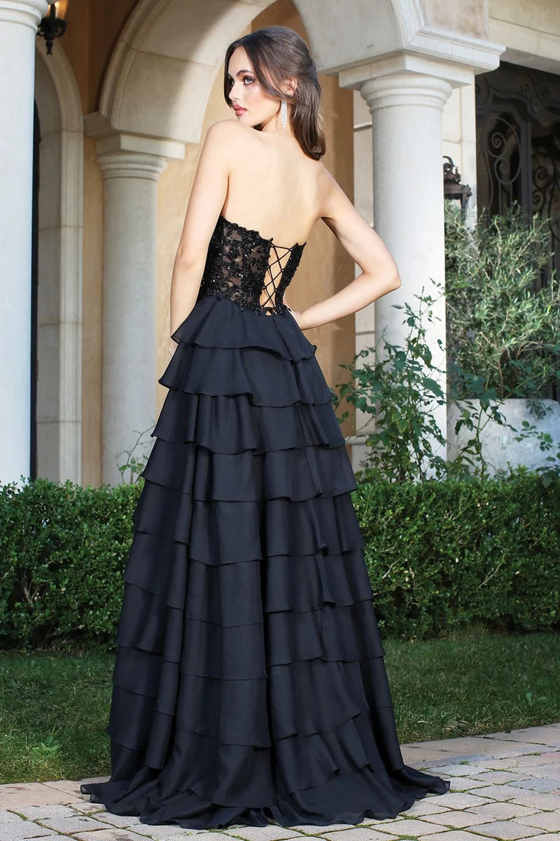 Elegant A-Line Sweetheart Strapless Lace-Up Tiered Floor-Length Prom Dress