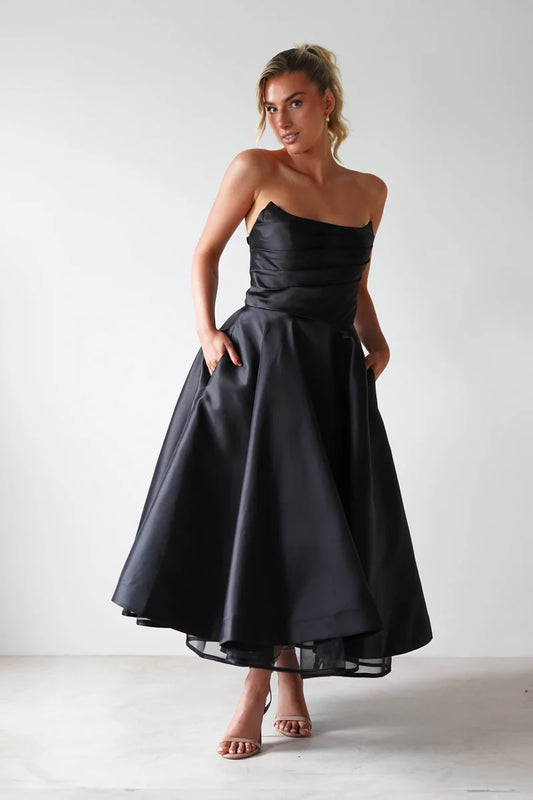 Elegant A-Line Strapless Zipper Back Flared Midi Cocktail Dress