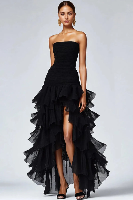 Loverlm black strapless prom dress with ruched bodice and cascading ruffled high-low skirt front view
