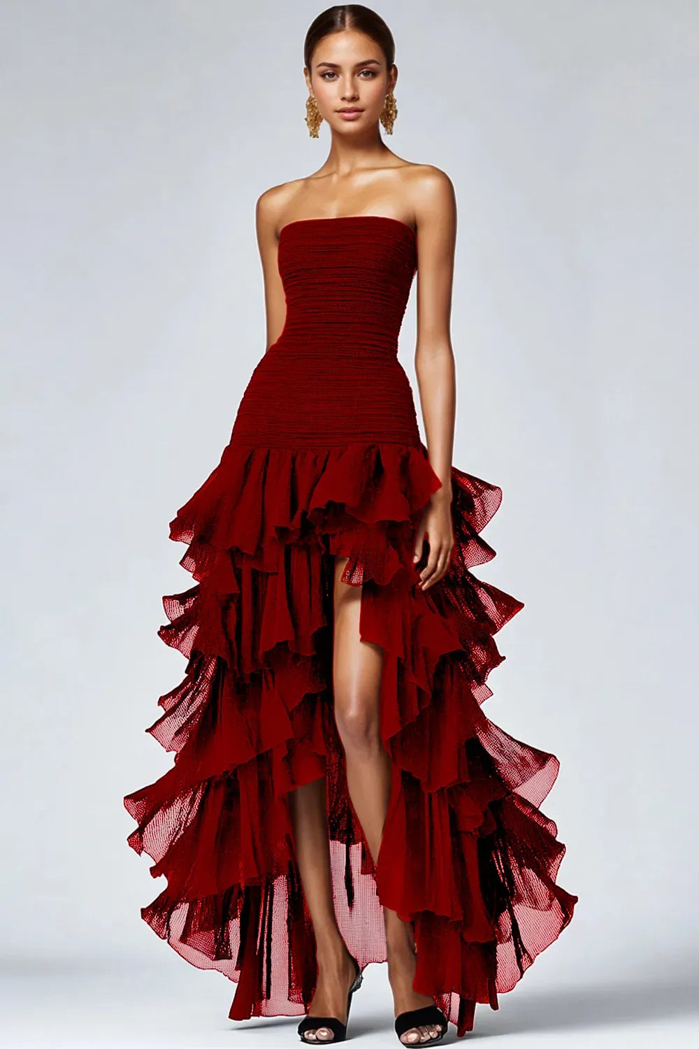 Elegant A-Line Strapless Sleeveless Zipper Back High Low Black Prom Dress