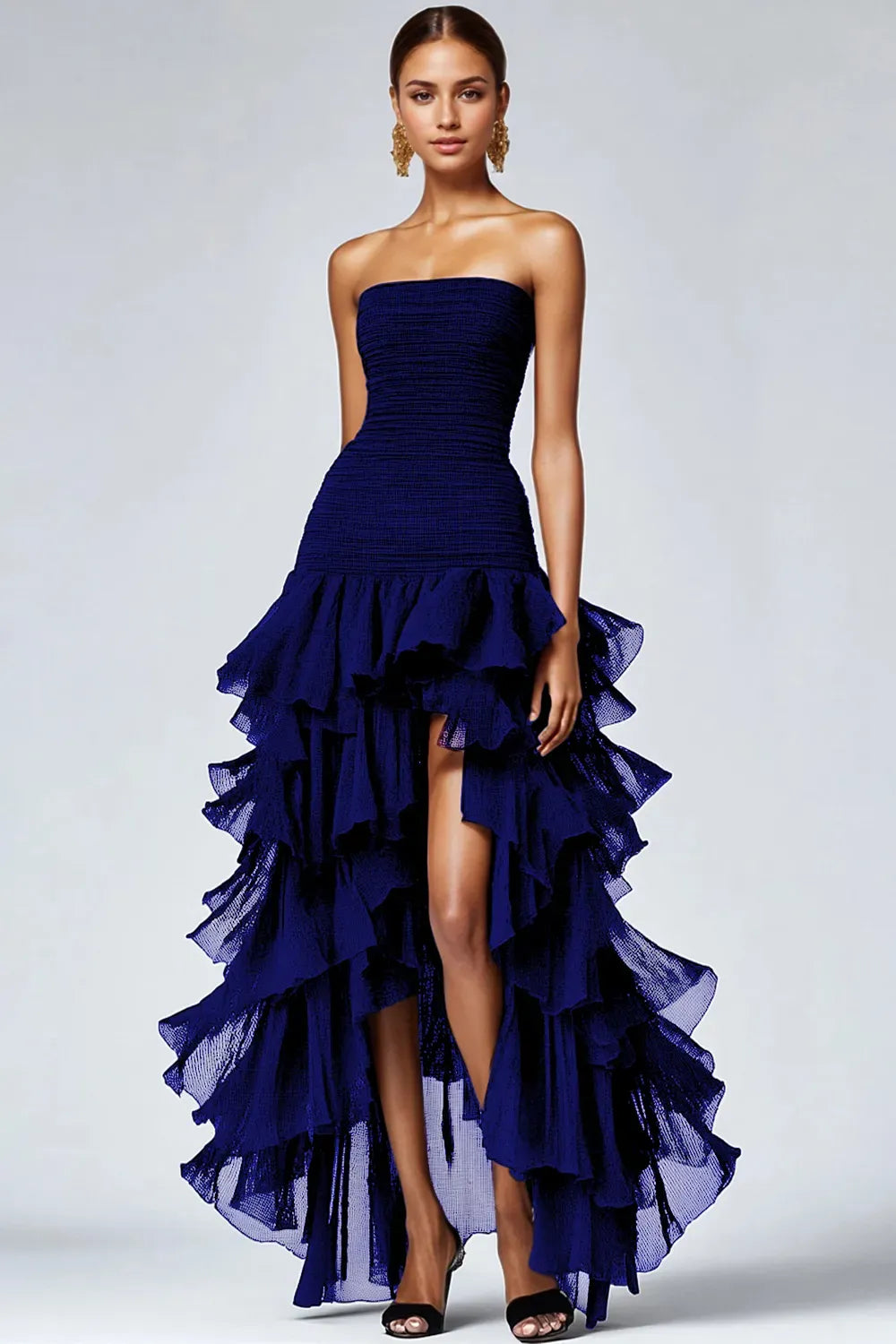Elegant A-Line Strapless Sleeveless Zipper Back High Low Black Prom Dress