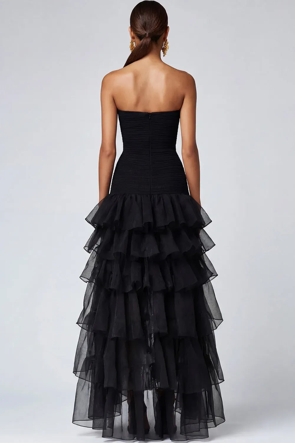 Elegant A-Line Strapless Sleeveless Zipper Back High Low Black Prom Dress