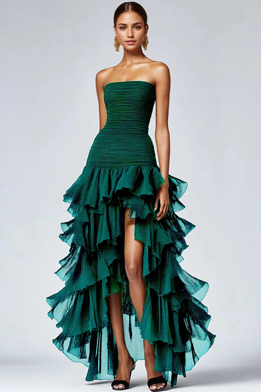 Elegant A-Line Strapless Sleeveless Zipper Back High Low Black Prom Dress