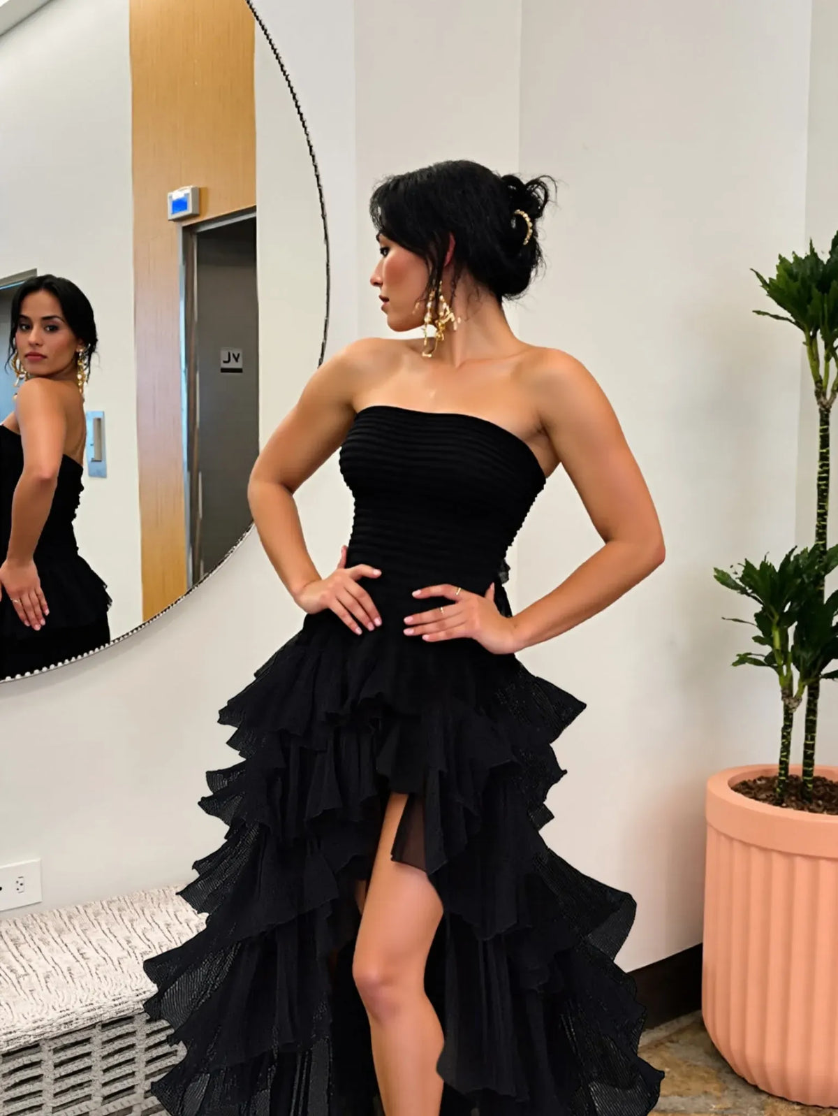 Elegant A-Line Strapless Sleeveless Zipper Back High Low Black Prom Dress
