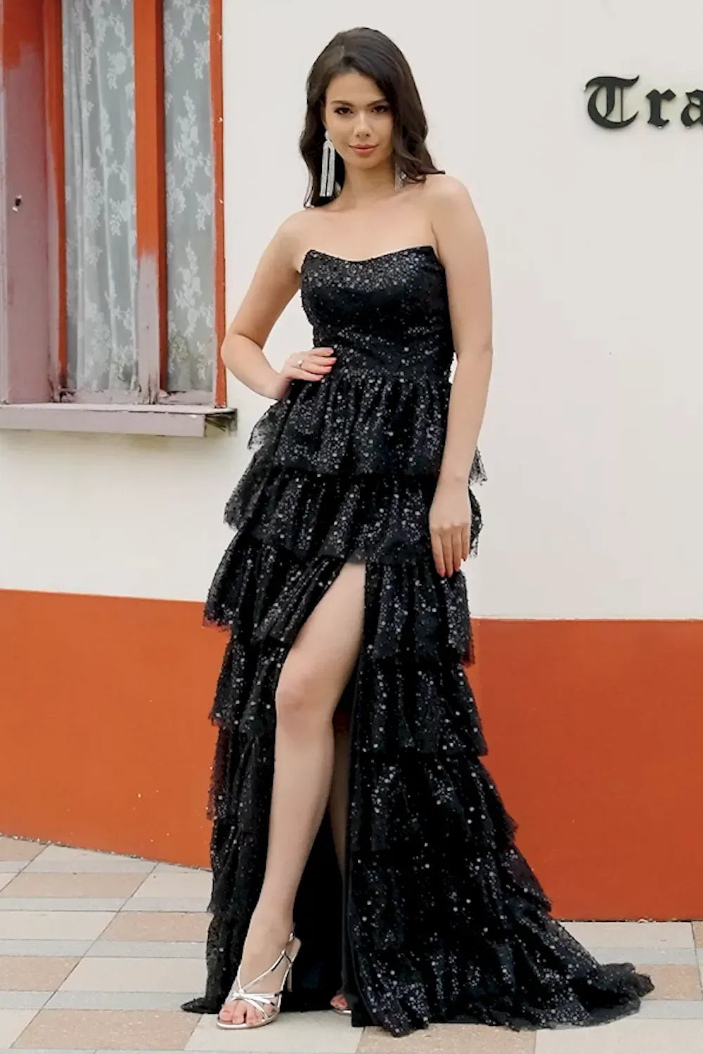 Sparkly A-Line Strapless Sleeveless Open-Back Tiered Floor-Length Prom Dress
