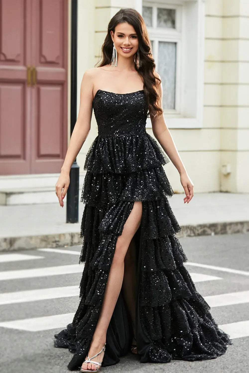 Sparkly A-Line Strapless Sleeveless Open-Back Tiered Floor-Length Prom Dress