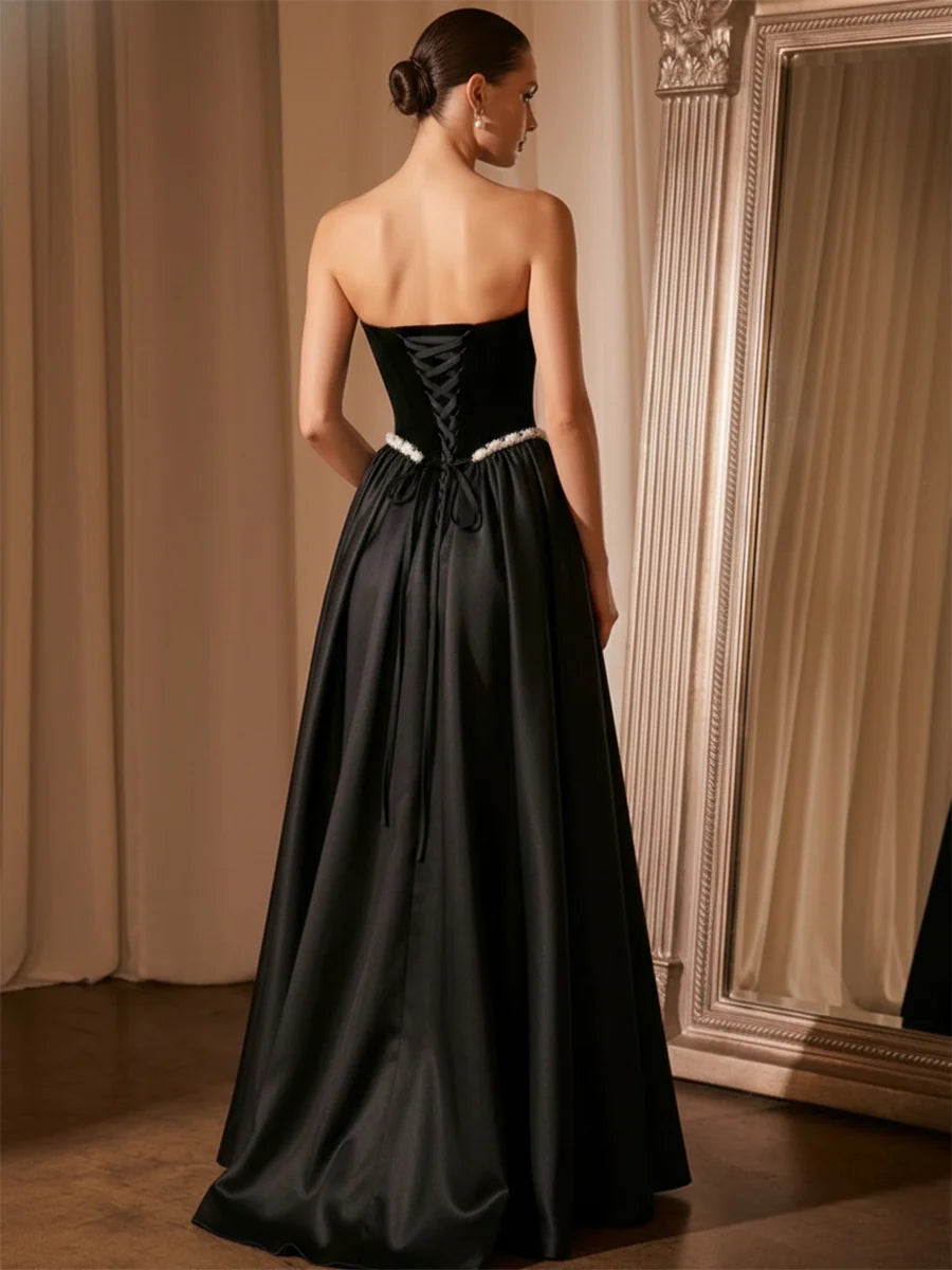 Elegant A-Line Strapless Sleeveless Velvet Satin Floor-Length Evening Dress