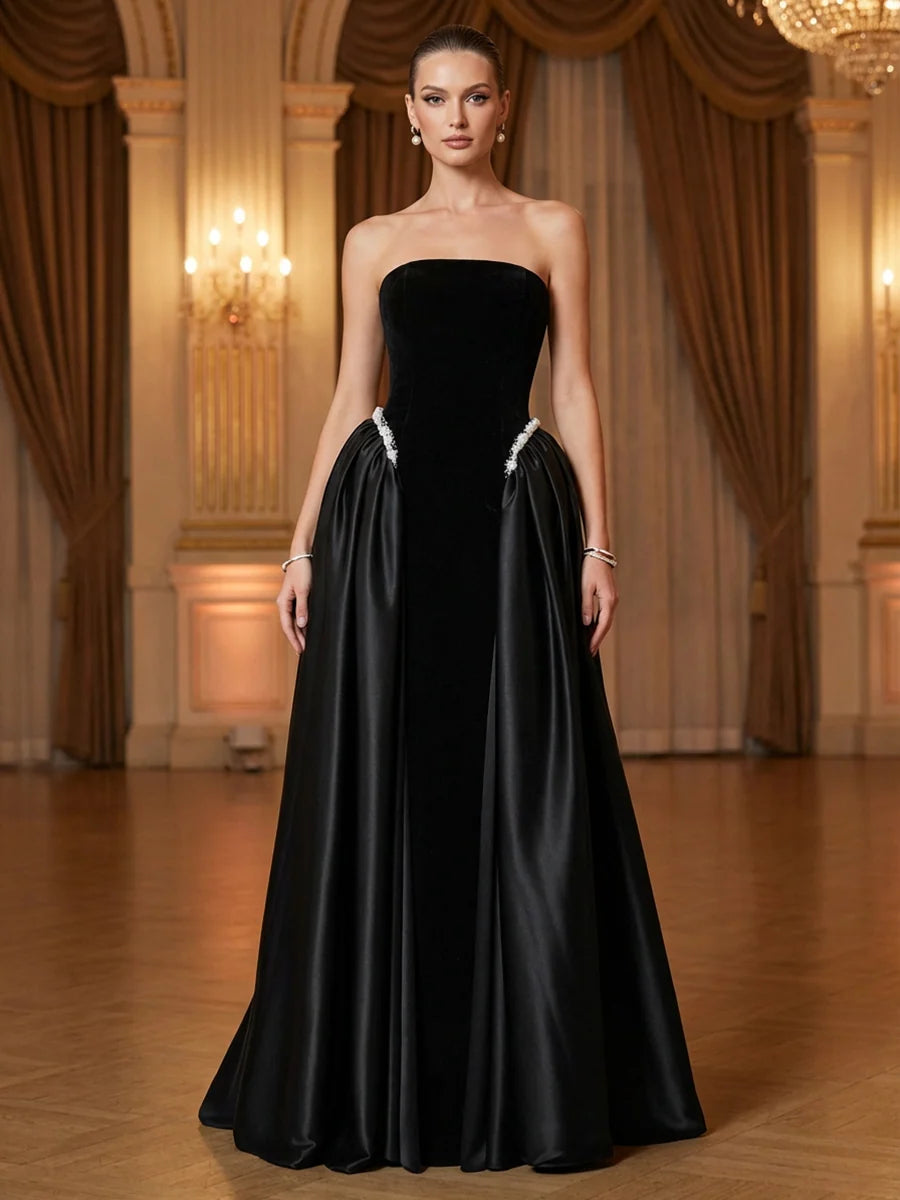 Elegant A-Line Strapless Sleeveless Velvet Satin Floor-Length Evening Dress