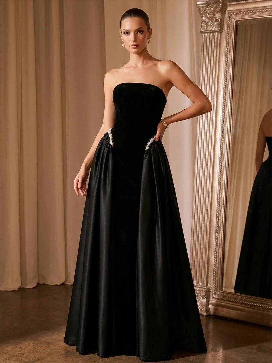 Elegant A-Line Strapless Sleeveless Velvet Satin Floor-Length Evening Dress