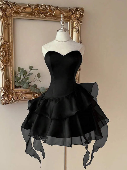 Loverlm black strapless homecoming dress with sweetheart neckline layered ruffles and draped skirt