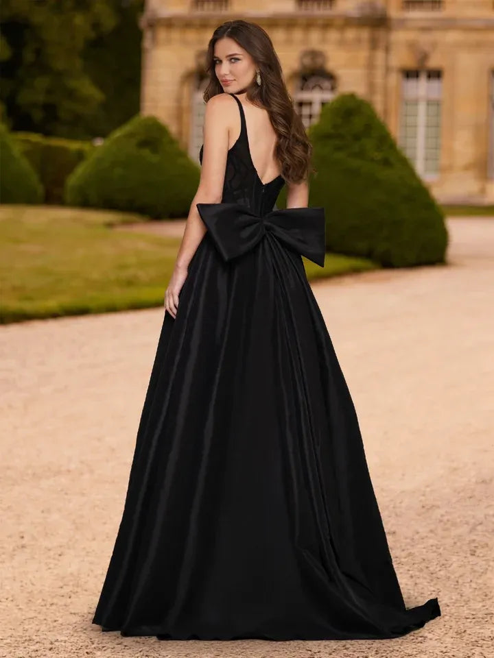 Elegant A-Line Sweetheart Sleeveless Bow-Back Floor-Length Black Prom Dress