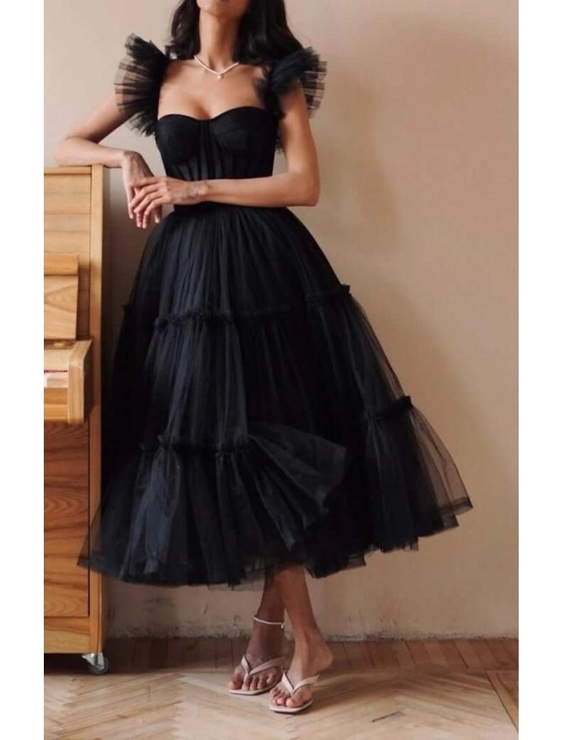 Loverlm black tulle prom dress with sweetheart corset bodice, ruffle sleeves and tiered tea-length A-line skirt