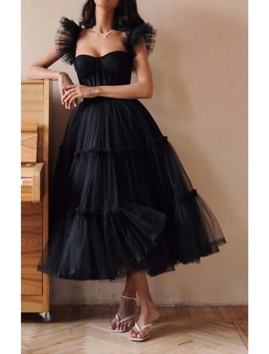 Loverlm black tulle prom dress with sweetheart corset bodice, ruffle sleeves and tiered tea-length A-line skirt